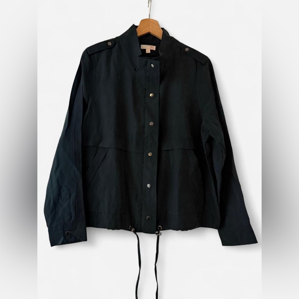 Women's Navy Blue jacket with drawstring waist, zipper and button front